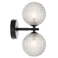Telbix Felton 2 Light Wall Light Black with Clear Prism Glass